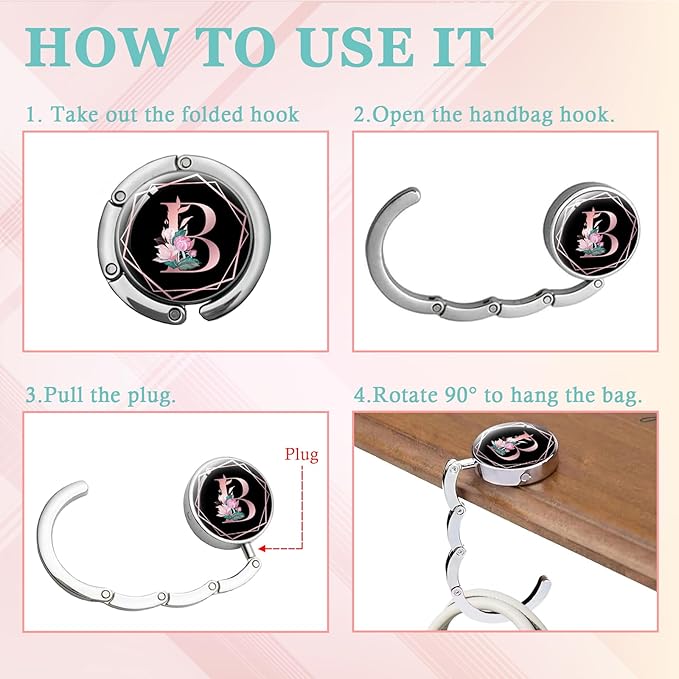 Pink Initial Foldable Purse Hook, Flower Letter Handbag Hanger, Women's Bag Hanger Hook, Round Purse Table Hook, Funny Desk Hook Gift for Family Colleague Friend Office Worker (Flower B)
