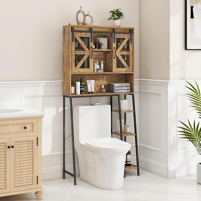 Vabches Over The Toilet Storage Cabinet, Farmhouse Storage Cabinet Over Toilet with Sliding Barn Door,Home Space-Saving Toilet Rack, for Bathroom, Restroom, Laundry,Brown