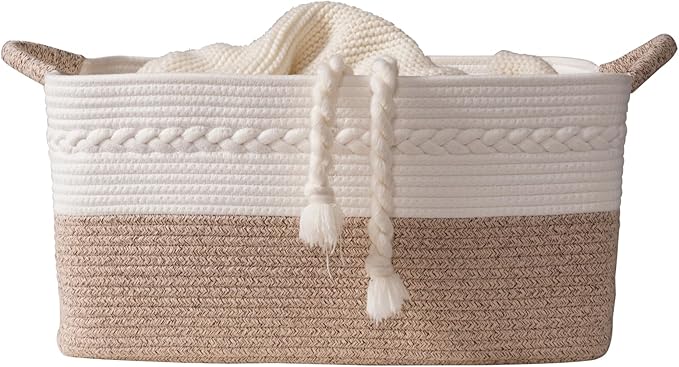 Decorative laundry basket with handles woven from natural cotton rope storage blankets for living room cute boho quilted gift baskets for clothes pillows toys 20"x14"x10",white/brown