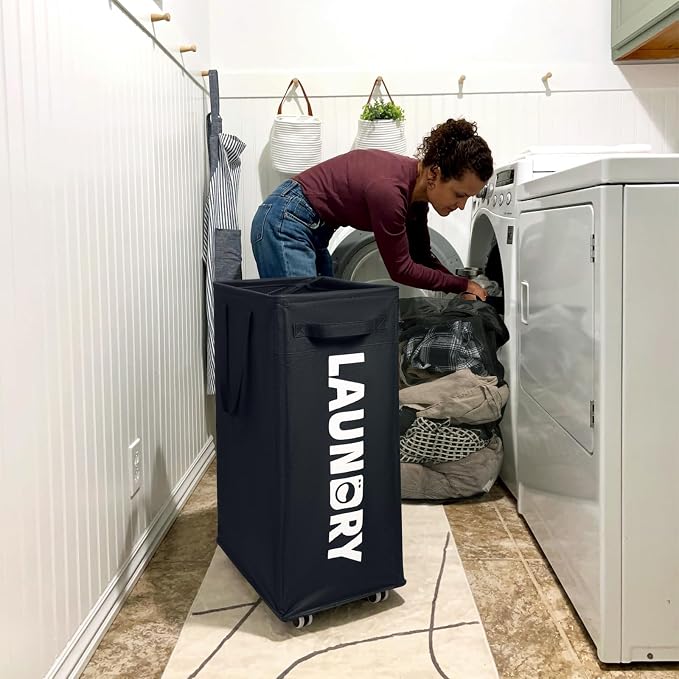 Goodpick Black Laundry Hamper with Wheels, 75L Dirty Clothes Hamper with Removable Wash Bag for Laundry Room, Rolling Laundry Basket