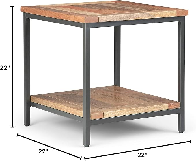 SIMPLIHOME Skyler End Table - 22 inch Wide Solid Mango Wood and Metal Side Table in Natural, Industrial Accent Table for Living Room or Bedroom with Open Storage Shelf, Assembled