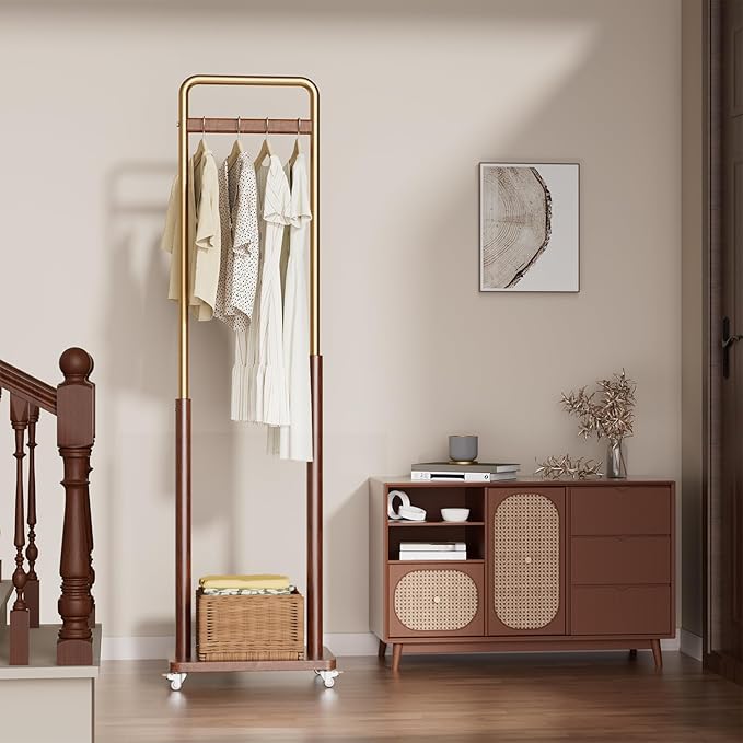 Clothes Rack Solid Wood Coat Rack, Metal and Solid Wood Combination Clothing Rack with Wheels for Entryway, Bedroom, Living Room, Coat Racks Freestanding for Hanging Clothes Garment Scarf