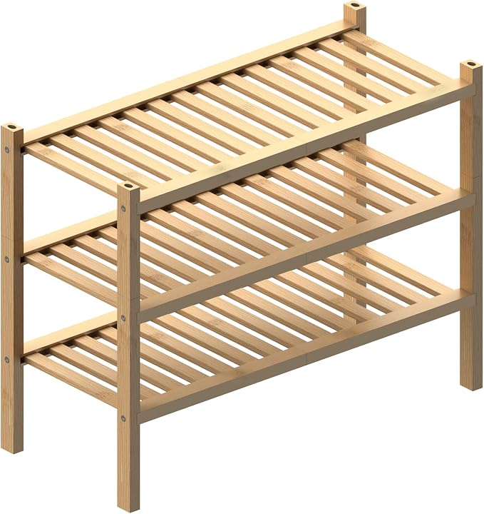 ROMGUAR CRAFT (Thick Bamboo Shoe Rack for Entryway, 3-Tier Free Standing Shoe Racks Stackable Shoe Rack Organizer for Hallway Closet Living Room 27 x12 x21 Inches