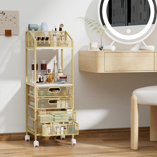 HapiRm Makeup Organizer Storage Cart - Floor Skincare Make Up Storage with 4 Drawers, Rolling Makeup Cart Vanity Organizer Cosmetics Display Cases Holder for Skin Care Perfume Nail Polish, Gold