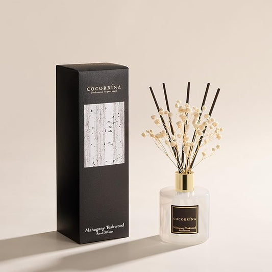 COCORRΓNA Reed Diffuser - Mahogany & Teakwood 6.7 fl oz Scented Diffuser with 8 Sticks Home Fragrance Reed Diffuser for Bathroom Shelf Decor