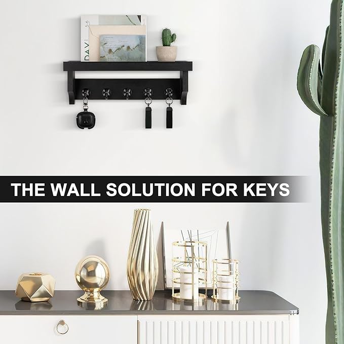 Key and Mail Holder Wall Mount, Key Holder with Shelf and Mail Organizer Wall Mount. Mail Holder with 5 Hooks for Coat, Dog Leash, Home Decor Rack, Entry Way Organizer (Black)