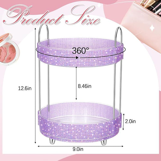 Honeydak 360 Rotating Perfume Organizer Gift for Women, Rhinestone Preppy Skincare Organizer Bathroom Counter Makeup Holder Skincare and Perfume Storage for Cosmetic(2 Tiers,Resin Diamond,Purple)