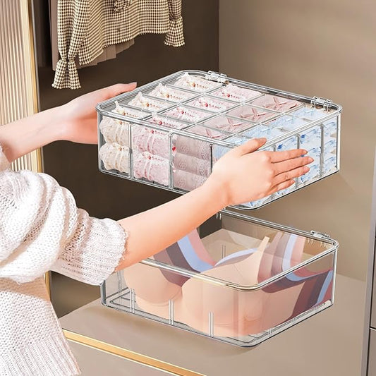 2pcs Sock Underwear Organizer, Sunoyar 16 Compartment Adjustable Dividers Tie Bras Socks Underwear Drawer Organizers for Closet, Clear Plastic Storage Containers Box with Lids for Ties Bra Scarf Socks