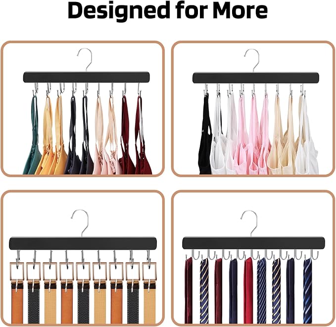 NECAMOCU 2 Pack Bra Hanger for Closet Organizer, Premium Wooden Tank Top Hangers with 36 Foldable Hooks, 360° Rotating Design, Space Saving Storage for Tank Tops, Bras, Scarves and More, Black