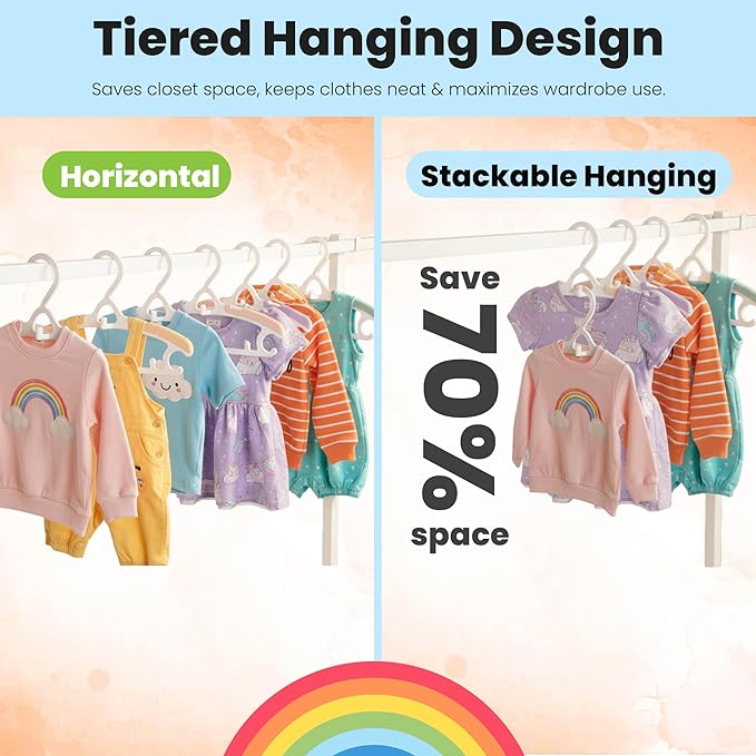 Baby Hangers 28 Pack, Durable Plastic Kids Hangers for Closet Organization, Bright Rainbow Colors & Stackable Design, Adjustable from Infant to Teen