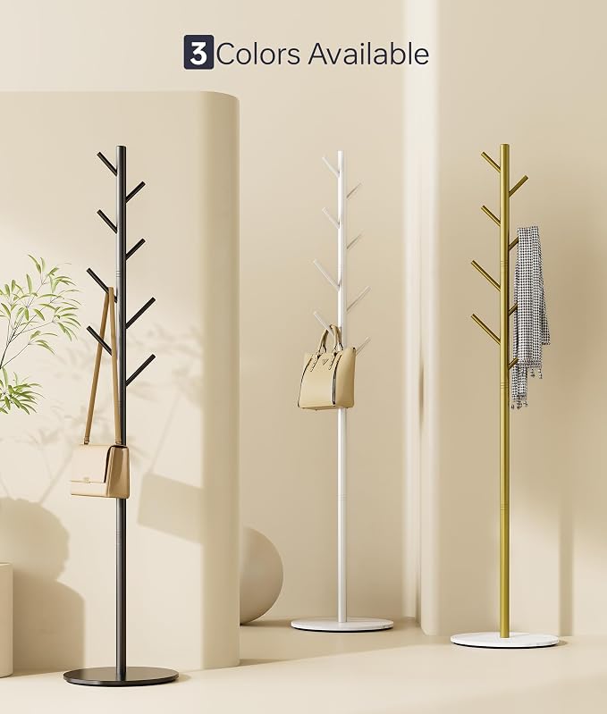 Coat Rack with 8 Hooks, 3 Adjustable Heights, Modern Hall Tree, Sturdy Metal Clothes Stand with Sintered Stone Base for Entryway, Office, Bedroom, for Coats, Hats, Handbags and Scarves, Black