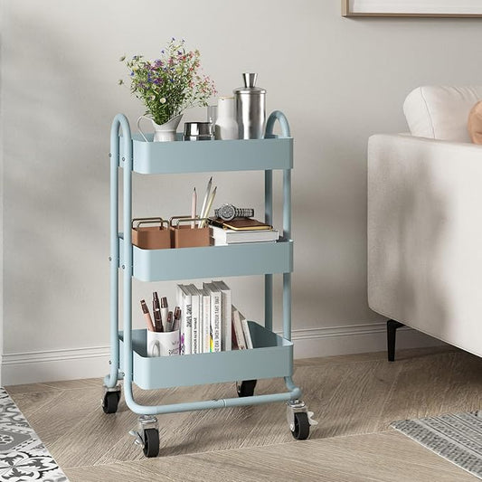 Metal Rolling Cart,3-Tier Metal Rolling Cart with Wheels,3 Tier Utility Cart with Wheels for Office,Home,Kitchen,Garden(13.4"x18.1"x31") Blue