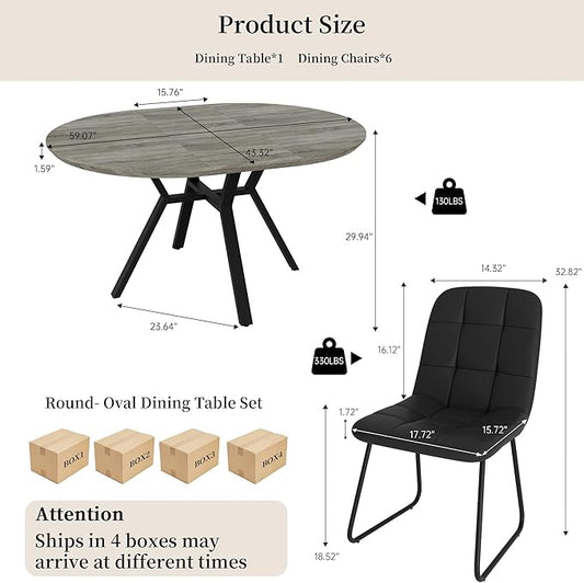 Extendable Round Dining Table Set for 6 People, 43.3"-59.1" Extendable Kitchen Table with 6 Upholstered Chairs, Space Saving for Kitchen Dining Room (Grey Table+6 U-Shaped Black Chairs)