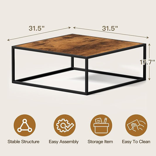 31.5" Square Coffee Table, Mid-Century Modern Brown Center Table for Living Room, Floor Table for Sitting on The Floor, Wood Cocktail Tea Contemporary Tables with Metal Frame for Office Apartment Home