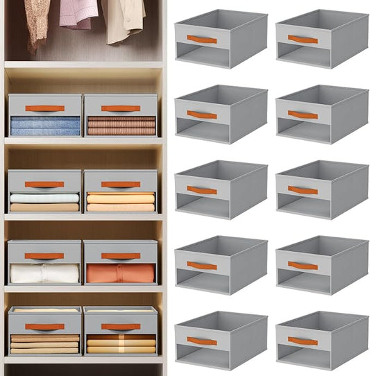 Homsorout Drawer Organizers and Storage - 10 Pack Foldable Pants Organizer with Clear Window & Handles, Fabric Closet Organizer for Clothes, Jeans, Sweaters, Towels, T-shirt, Scarf (Grey)