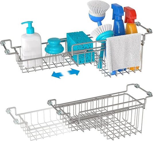 FavoThings Over The Kitchen Sink Caddy Sponge Holder Organizer Drying Rack Expandable for Sponge Brush Soap Dish Cloth Rag, Stainless Steel (12.25" to 17.25")