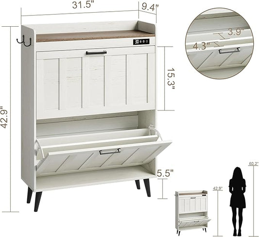 ChooChoo Shoe Storage Cabinet with 2 Flip Drawers, Deodorizing Shoe Organizer Storage for Entryway, Freestanding Hidden Slim Narrow Shoe Rack Cabinet, Antique White & Brown