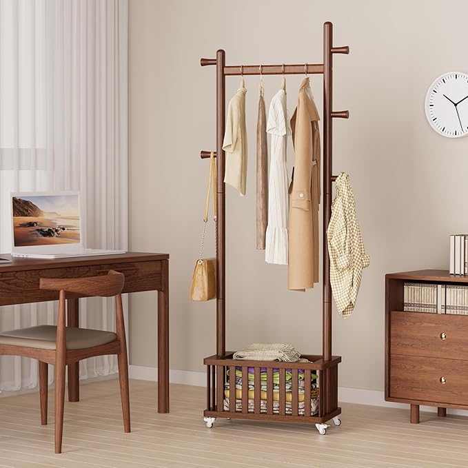 Solid Wood Coat Rack Clothes Rack, Coat Rack Freestanding with Storage Basket and 5 Hooks, Heavy Duty Coat Tree for Entryway, Living room, Coat Hanger Stand for Hats, Bags Clothes