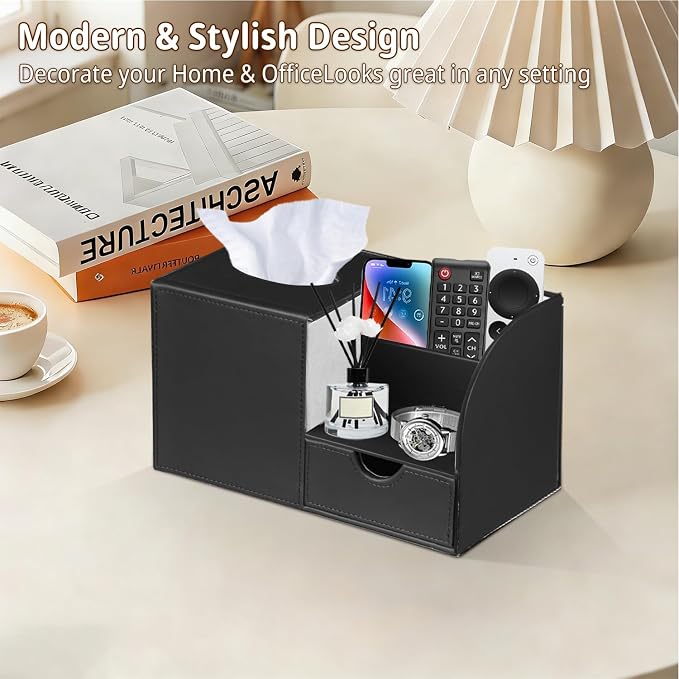 PUSU Square Tissue Box Cover with Storage Drawer, PU Leather Facial Tissues Cube Boxes Holder, Modern Makeup Remote Control Holder, Nightstand Organizer Caddy for Bathroom Vanity, Office, Home Decor