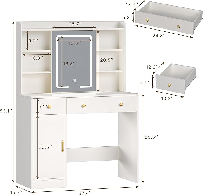 37.4" Vanity Desk with Mirror and Lights, Makeup Vanity with LED Sliding Mirror, 3-Color Lights, USB/Type-C Charging, White Vanity Desk with Storage Cabinet, 2 Drawers & 6 Shelves for Bedroom