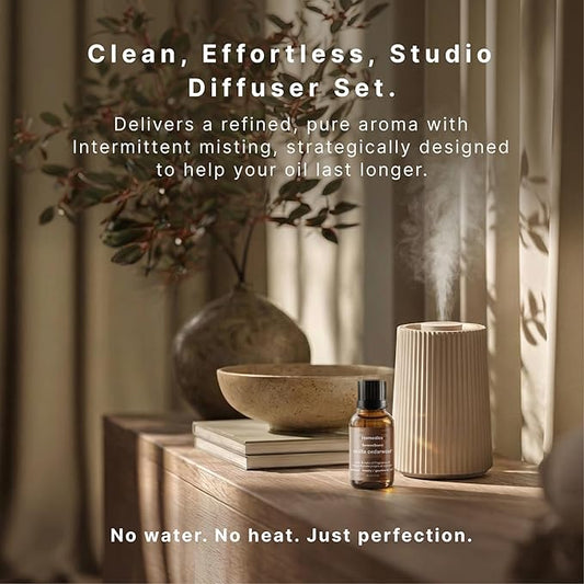 Homedics Waterless Essential Oil Diffuser with 15ml Vanilla Cedarwood Fragrance Oil. SereneScent Cordless Cold Air Scent Diffuser Starter Kit with Ambient Light, Studio 671 (Beige)
