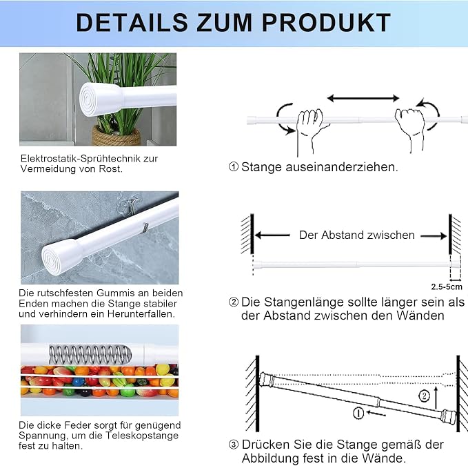 AIZESI Spring Tension Rods Adjustable Tension Curtain Rod Small Tension Rod No Drilling Expandable Spring Loaded Curtain Tension Rod(White,26" to 39"-6Pcs)