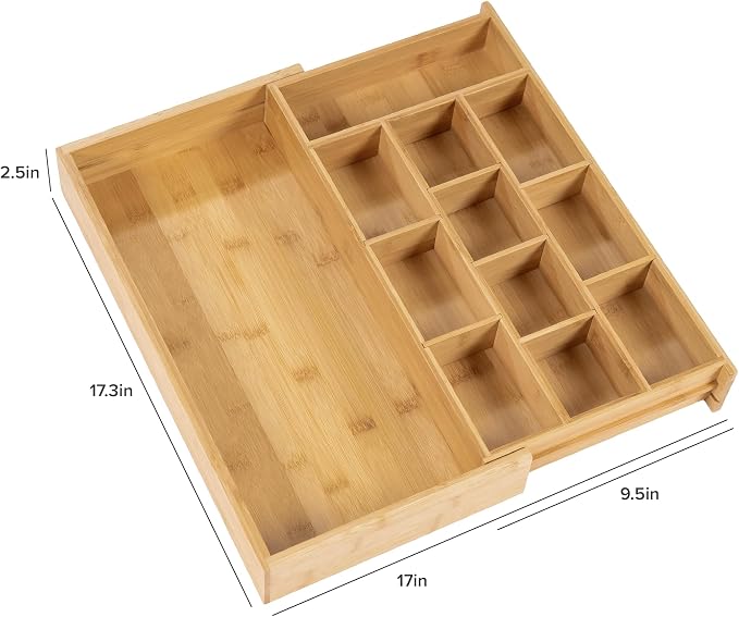KitchenEdge Tea Bag and Coffee Pod Kitchen Drawer Organizer, Expandable 9.7 to 17 Inches, 10 Accessory Compartments with Adjustable Wall Inserts, Non-Slip Rubber Feet, 100% Sustainable Bamboo Wood