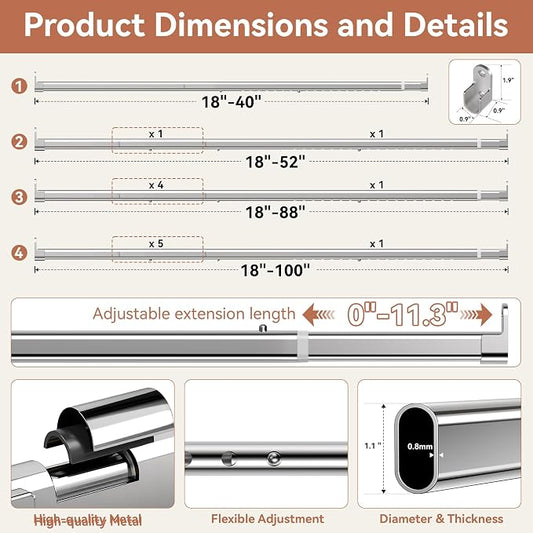 Oval Closet Rod 18-100 Inch Adjustable Closet Rods for Hanging Clothes Heavy Duty Silver Poles Bar with End Supports Rust Proof Wardrobe Rod for Laundry Room RV