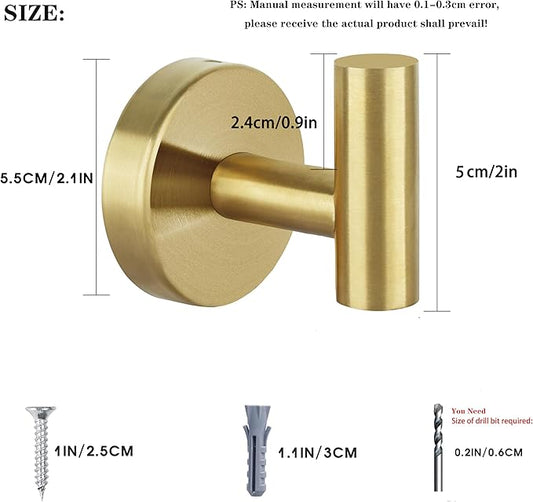 16pcs Gold BathTowel Hooks Robe Coat Bathroom Wall Hook Stainless Steel Heavy Duty Door Hanger Towel Robe Clothes Cabinet Closet Sponges for Bathroom Bedroom Kitchen Hotel Pool