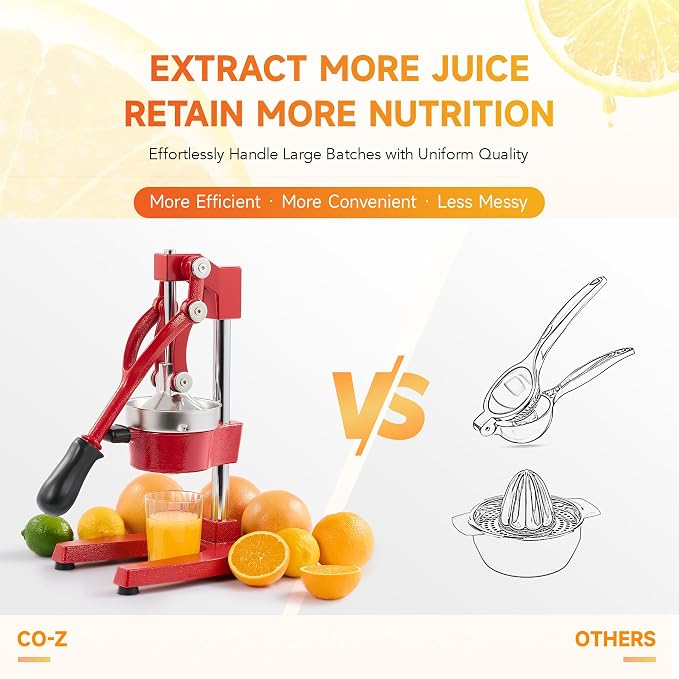 CO-Z Manual Citrus Juicer, Professional Orange and Lemon Juice Maker, Easy to Clean, Red