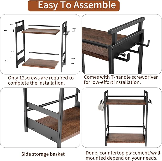 KLM 2 Tier Coffee Bar Organizer for Home Office, Spice Rack for Countertop, Kitchen Counter Storage Shelf with Hanging Basket, Coffee and Tea Condiment Station Organizer