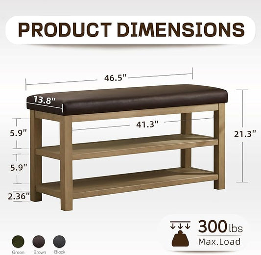 Shoe Rack Bench with Leather Cushion, 2 Tier Solid Wood Storage Bench, Mid-Century Modern Shoe Bench for Entryway, Hallway, Closet, Front Door Entrance, Foyer (Dark Brown, 46.5)