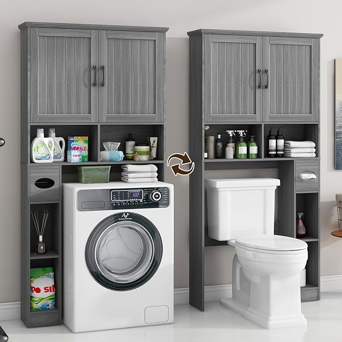 Over The Toilet Storage Cabinet, Farmhouse Storage Cabinet Over Toilet with Barn Door& Toilet Paper Holder Stand,Home Space-Saving Toilet Rack, for Bathroom, Restroom, Laundry.Wash Gray