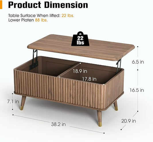 Lift Top Coffee Table with Storage, Mid Century Modern Coffee Table with Solid Wood Legs, 38" Minimalist Fluted Center Table for Living Room, Home Office, Walnut
