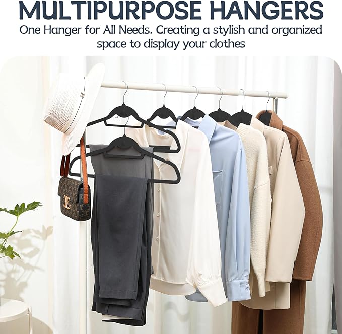 Velvet Stackable Hangers 50 Pack Black, Non Slip Space Saving Felt Hanger with Cascading Hooks, Ultra Thin and 360° Swivel Hook, Heavy Duty for Suit Shirt Pant