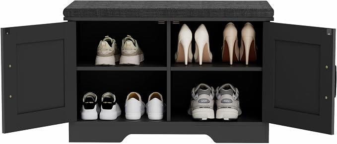 HOMSHO 2-Tier Storage Bench, 27.6" Wide Shoe Bench with Padded Seat Cushion, Entryway Bench with 2 Barn Doors and Adjustable Shelf, Black