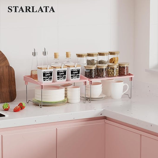 STARLATTA 2 Pcs Cabinet Organizer Shelf,Stackable Kitchen Counter Shelves, Spice Rack,Countertop Organizers,Pink Plastic Storage Shelves Rack for Makeup,Bathroom, Cupboard,Desk,Pantry Organization