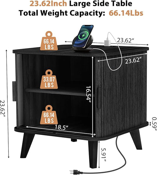 Farmhouse Square End Table with Charging Station, 24" Large Fluted Sofa Side Table with Sliding Tambour Door and Storage, Rustic Curved Wood Nightstand for Living Room, Bedroom, Black