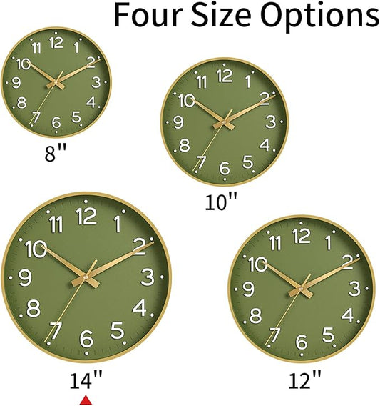 Roymnie Wall Clock 14 Inch Silent Green Wall Clocks Battery Operated- Modern Non Ticking Analog Clock Decorative for Living Room Bedroom Office Kitchen(Gold)