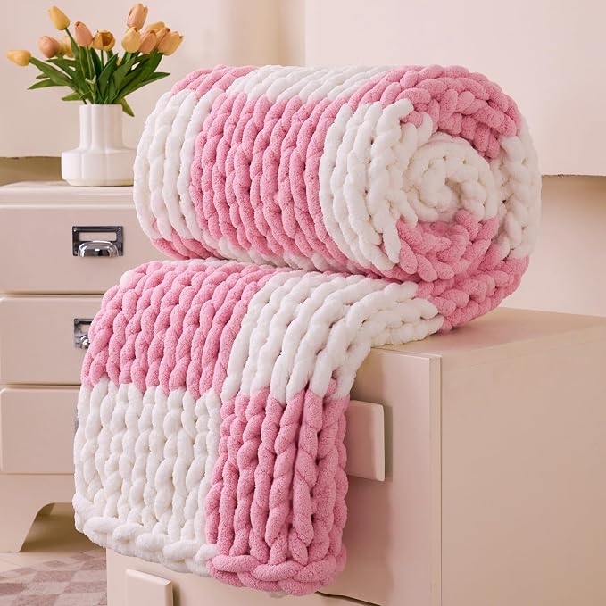 Admitrack Chunky Knit Blanket Throw 51"x63", 100% Hand Knit Chenille Throw Blanket for Sofa & Home Decor, Soft and Cozy Knitted Throw Blankets (Pink Checkered,51"x63")