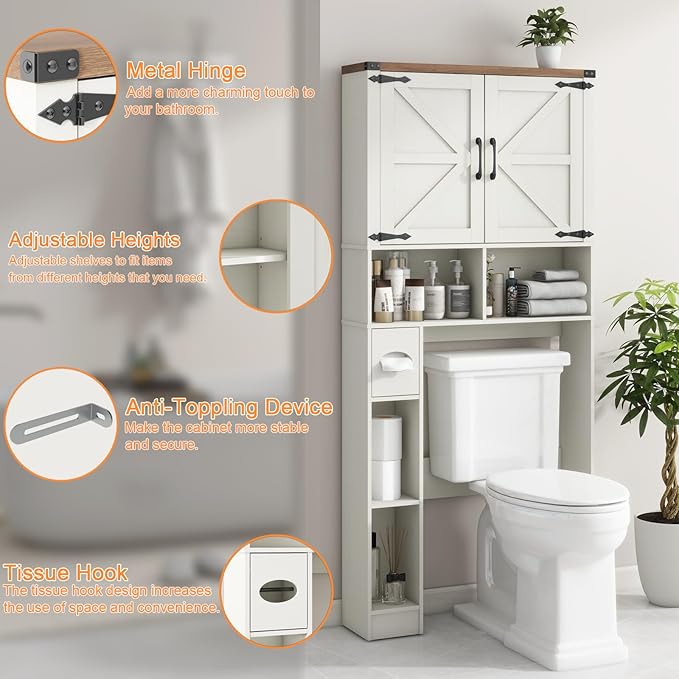 Vabches Over The Toilet Storage Cabinet, Farmhouse Storage Cabinet Over Toilet with 2 Barn Doors && Toilet Paper Holder Stand,Home Space-Saving Toilet Rack, for Laundry, Restroom, Bathroom