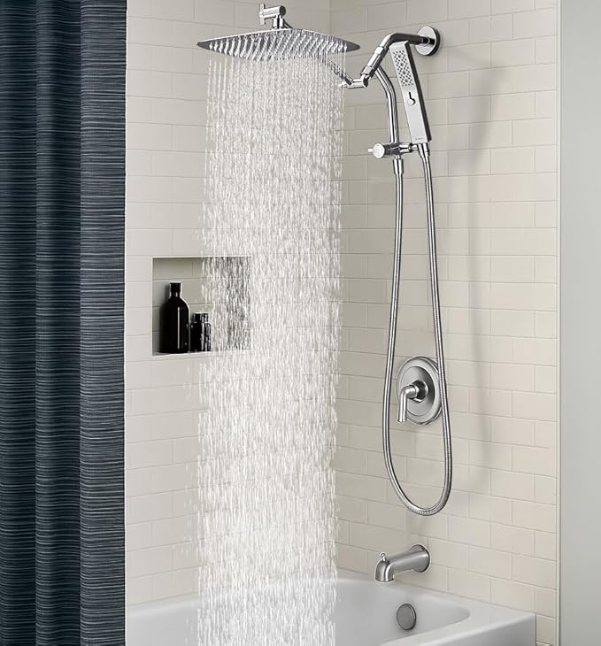 G-Promise All Metal 10 Inch Rain Shower Head with Massage Mode Handheld Spray Combo, 3-Way Diverter with Pause Setting, Full Body Coverage, Modern Bathroom Upgrade (Chrome)