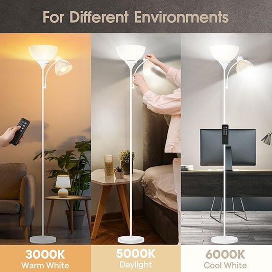 GERGO Led Floor Lamp, Super Bright 11W+7W 2100LM Torchiere Floor Lamps for Living Room, Stepless Adjustable 3000K-6000K Temperatures with Remote Control for Bedroom (White)