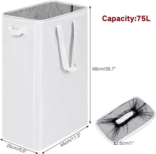 efluky Slim Laundry Basket, Narrow Laundry Hamper with Handles, Collapsible Dirty Clothes Hamper, Tall Laundry Bin for Laundry Room, Dorm and Bedroom, 12.7 Gallons(75L) White