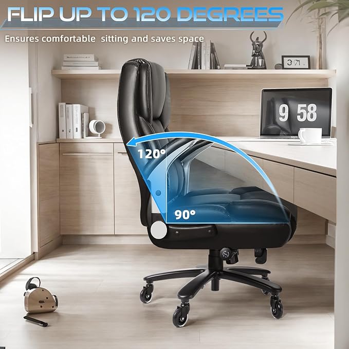 VITESSE Large Heavy Duty Office Chair 600lbs with Flip up Armrest, Big and Tall Chair with Ergonomic Lumbar Support, Leather Office Chair for Heavy People with Quiet Rubber Wheel (Black)