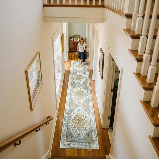 RELEANY Area Rugs Runner 2'x10' Washable Non-Slip, Floral Vintage Distress Medallion Carpet for Kitchen Hallway Bedroom Beside Laundry Room Bathroom, Beige Carbon Grey Orange