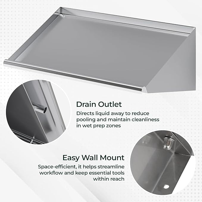 304 Stainless Steel Slanted Wall Rack Shelf with Drain Outlet โ 21" x 22.5" | Compact Wall-Mounted Drip Shelf for Commercial Kitchen or Bar (21 in. x 22 1/2 in)