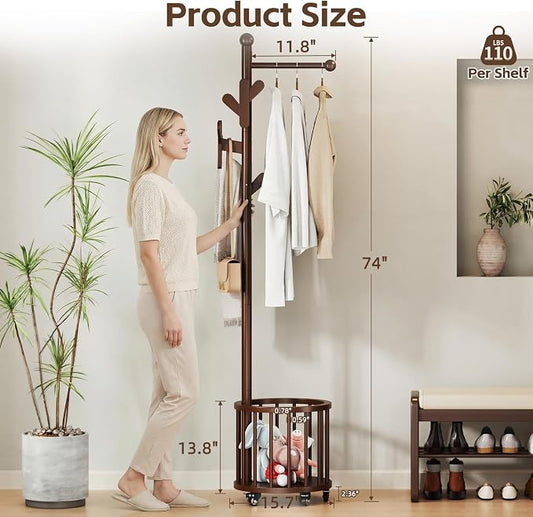 Uniclinens Freestanding Wooden Coat Rack with Umbrella Holder,Walnut Coat Rack with Hooks, Space-Saving Entryway Organizer for Hanging Clothes and Storing Towels, Bedroom, Living Room