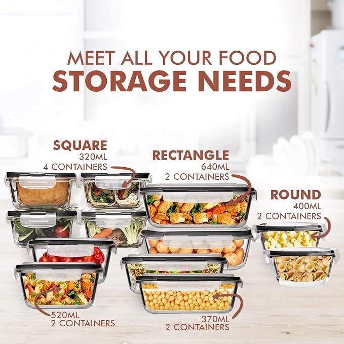 Razab 24 Pc Airtight Glass Food Storage Containers - Glass Meal Prep Containers - Freezer to Oven Safe - Steam Release Valve BPA Free - Airtight Bento Boxes - Leak Proof (12 lids & 12 Containers)