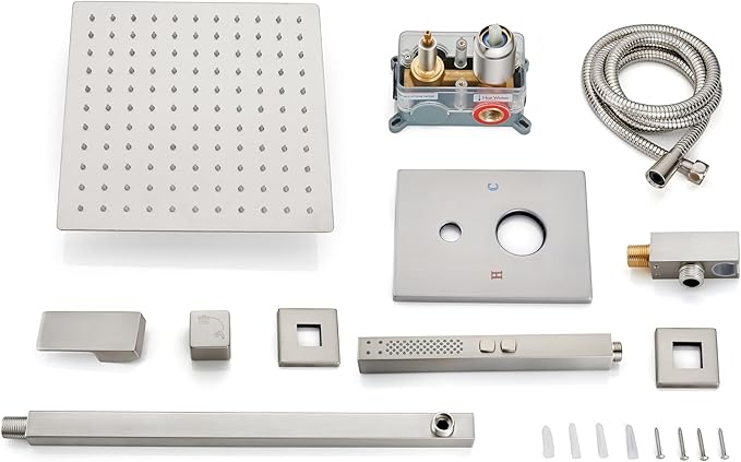 Shower Faucet Set Rainfall Shower System with Square Showerhead and Handle Set Fixture with 2 in 1 Function Handheld Sprayer Wall Mounted Trim Repair Kit Rough-in Valve 12 Inch Brushed Nickel